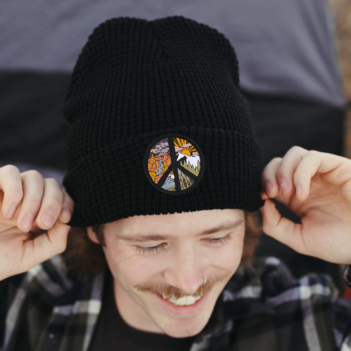 Circle of Peace Black Waffle Beanie — Atomicchild